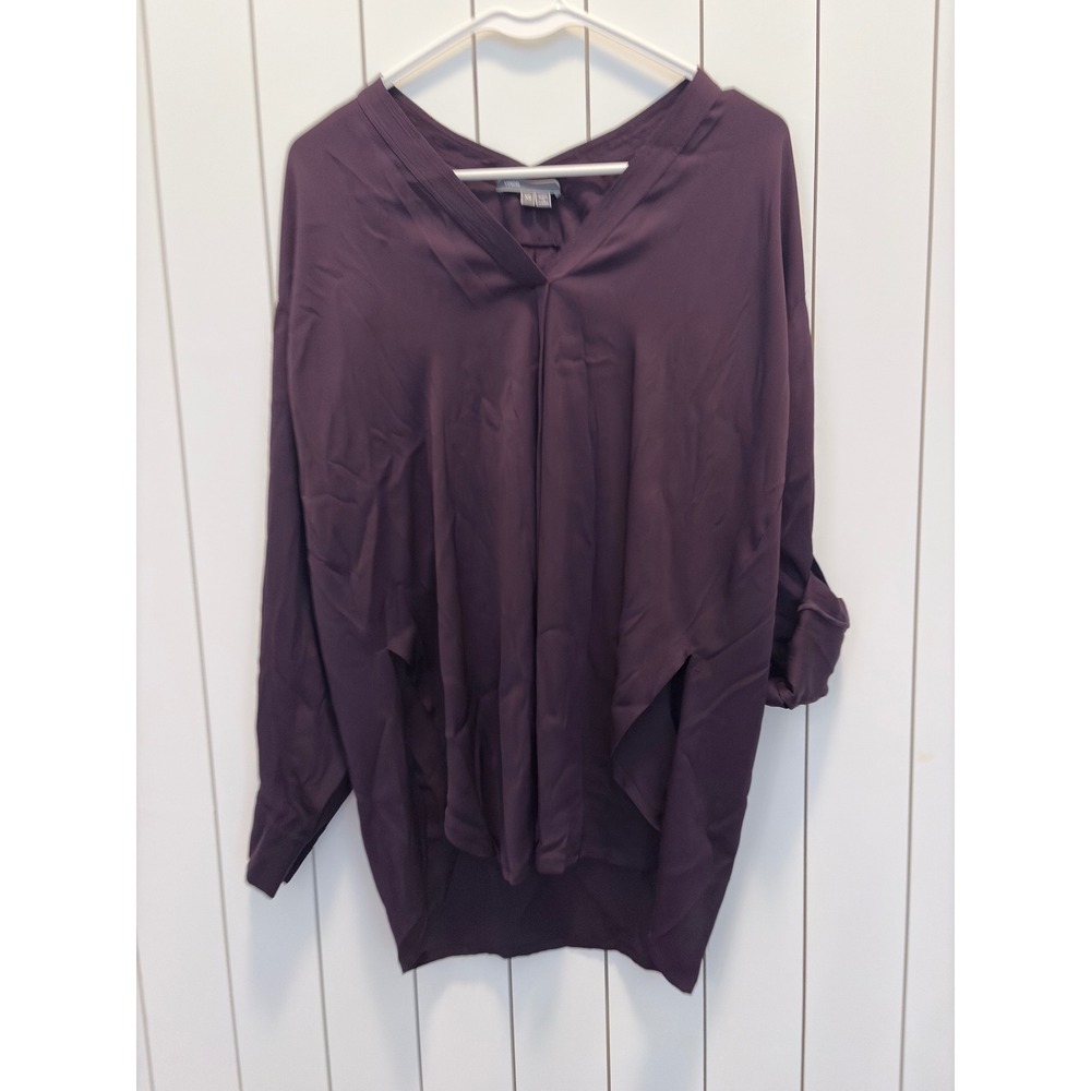 Vince Blouse Womens XS Purple Roll Tab V-Neck High Low Hem Quiet Luxury